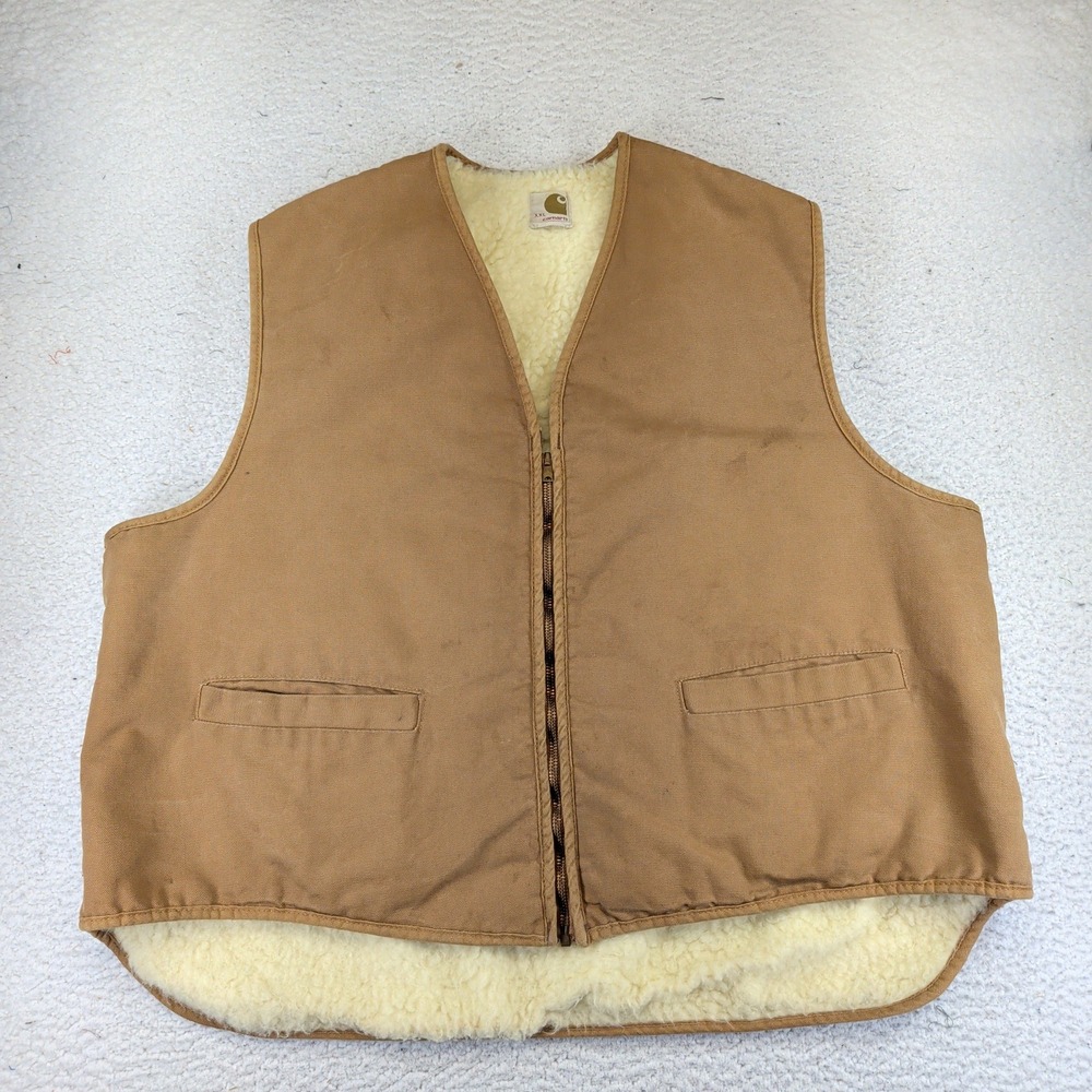 Vintage 70s 80s Carhartt Brown Duck Sherpa Lined Zip Up Vest Mens XXL USA Made